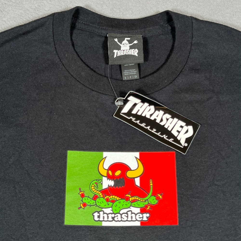 Thrasher x Toy Machine Hecho Mexico T Shirt Black Mens Small Mexican‎ Flag New
